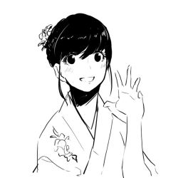 Rule 34 | 1girl, blush, eyelashes, facing viewer, greyscale, hair ornament, hand up, japanese clothes, kimono, looking at viewer, monochrome, original, poaro, sidelocks, simple background, sketch, smile, solo, upper body, waving, white background, yukata
