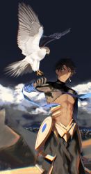 Rule 34 | 1boy, abs, bare pectorals, bird, brown hair, dark-skinned male, dark skin, eagle, earrings, egyptian clothes, fate/grand order, fate/prototype, fate/prototype: fragments of blue and silver, fate (series), feet out of frame, hair between eyes, highres, jewelry, male focus, nagamikaku, navel, nipples, ozymandias (fate), pectorals, pyramid (structure), short hair, shrug (clothing), solo, stomach, toned, toned male, yellow eyes