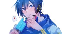 Rule 34 | !, 1boy, absurdres, blue eyes, blue hair, blue scarf, blush, closed mouth, commentary request, food, food on face, hands up, headset, highres, holding, holding food, holding popsicle, kaito (vocaloid), long sleeves, looking at viewer, male focus, parang 99, popsicle, scarf, short hair, simple background, solo, spoken exclamation mark, vocaloid, white background