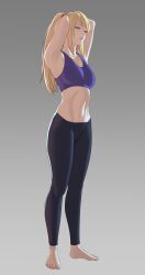 Rule 34 | 1girl, armpits, arms behind head, arms up, barefoot, blonde hair, breasts, feet, full body, gradient background, grey background, highres, looking at viewer, metroid, mole, mole under mouth, nintendo, pants, pomelomelon, ponytail, samus aran, solo, sports bra, standing, toes, yoga pants