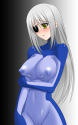 Rule 34 | 00s, 1girl, black background, blush, breasts, cinque (nanoha), cowboy shot, embarrassed, eyepatch, gradient background, grey hair, huge breasts, long hair, lyrical nanoha, mahou shoujo lyrical nanoha, mahou shoujo lyrical nanoha strikers, navel, nipples, numbers (nanoha), solo, white background, yellow eyes