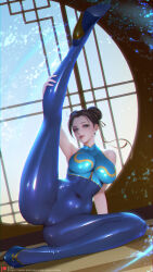 Rule 34 | 1girl, bare shoulders, breasts, capcom, chinese clothes, chun-li, high heels, highres, large breasts, leg up, sade abyss, skin tight, solo, street fighter