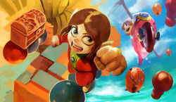 Rule 34 | 1boy, aircraft, alex kidd, alex kidd (character), arm up, blue eyes, brown hair, clenched hand, clenched hands, cloud, daniel oduber, day, dirigible, flying, foreshortening, from above, helicopter, looking at viewer, motor vehicle, motorcycle, pointy ears, raised fist, realistic, sega, signature, treasure chest, vehicle