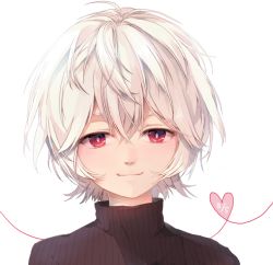 Rule 34 | 1boy, hair between eyes, heart, heart of string, kuga yuuma, looking at viewer, male focus, red eyes, ribbed sweater, simple background, smile, solo, sweater, syerii, turtleneck, turtleneck sweater, white background, white hair, world trigger