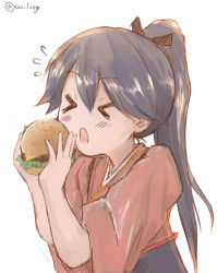 Rule 34 | &gt; &lt;, 1girl, black hair, black hakama, burger, chicken99, commentary request, closed eyes, food, hakama, highres, holding, houshou (kancolle), japanese clothes, kantai collection, kimono, long hair, one-hour drawing challenge, open mouth, pink kimono, ponytail, solo, upper body