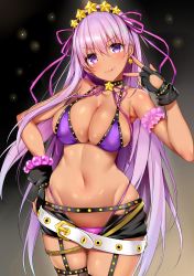 Rule 34 | 1girl, bare shoulders, bb (fate), bb (fate) (all), bb (swimsuit mooncancer) (fate), bb (swimsuit mooncancer) (second ascension) (fate), bead bracelet, beads, belt, bikini, black background, black garter belt, black gloves, black shorts, blue gk, blush, bracelet, breasts, cleavage, closed mouth, collarbone, commentary request, dark-skinned female, dark skin, earrings, fate/grand order, fate (series), fingerless gloves, garter belt, garter straps, gloves, gold trim, gradient background, hair between eyes, hair ribbon, hand gesture, hand on own hip, highres, hip focus, jewelry, large breasts, licking lips, long hair, looking at viewer, micro shorts, nail polish, navel, purple bikini, purple eyes, purple hair, purple ribbon, ribbon, short shorts, shorts, smile, solo, star (symbol), star earrings, swimsuit, tan, thighhighs, thighs, tiara, tongue, tongue out, w