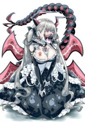 1girl, azur lane, bare shoulders, breast tattoo, breasts, cleavage, corruption, dress, earrings, eyebrows visible through hair, flight deck, formidable (azur lane), frilled dress, frills, gothic lolita, grey hair, hair ribbon, highres, horns, iron blood (emblem), jewelry, large breasts, lolita fashion, lone exiler, long hair, mask, mechanical tail, mouth mask, neckwear between breasts, red eyes, ribbon, simple background, solo, tail, tattoo, twintails, two-tone dress, two-tone ribbon, very long hair, white background, white neckwear
