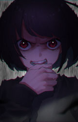 Rule 34 | biting, black sweater, bob cut, copyright request, finger biting, glaring, highres, looking at viewer, portrait, purple hair, red eyes, solo, sweater, taiga (ryukyu-6102-8), upper body, wide-eyed