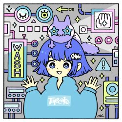 Rule 34 | 1girl, animal, animal on head, arrow (symbol), blue eyes, blue hair, blunt ends, border, bright pupils, cat, cat on head, garouma, hands up, highres, hood, hood down, hoodie, on head, open mouth, original, print hoodie, short hair, sign, sleeves past wrists, smile, solo, white border, white pupils