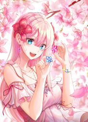 Rule 34 | 1girl, :d, absurdres, blue eyes, bracelet, cherry blossoms, collarbone, csc00014, earrings, flower, hair between eyes, hair flower, hair ornament, hibiscus, highres, holding, jewelry, long hair, necklace, off-shoulder shirt, off shoulder, open mouth, original, pink hair, red flower, red ribbon, ribbon, shirt, short sleeves, smile, solo, upper body, very long hair, white shirt