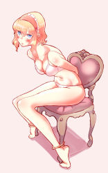 Rule 34 | 1girl, alice margatroid, arms behind back, bad id, bad pixiv id, barefoot, bdsm, blonde hair, blue eyes, blush, bondage, bound, bound ankles, bra, breasts, chair, cleavage, feet, headband, highres, navel, non (z-art), open mouth, panties, short hair, sitting, solo, sweat, tied to chair, touhou, underwear