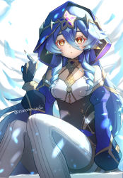Rule 34 | 1girl, absurdres, arm support, bare shoulders, blue hair, blue hood, blue sleeves, breasts, bright pupils, commentary request, detached sleeves, drill hair, drill sidelocks, feet out of frame, genshin impact, gloves, hair between eyes, hand up, highres, jewelry, layla (genshin impact), long hair, long sleeves, medium breasts, nanamo yado, neck ring, pants, parted lips, puffy long sleeves, puffy sleeves, revision, ringlets, sidelocks, solo, twitter username, very long hair, white pants, white pupils, yellow eyes
