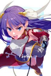 Rule 34 | 1girl, belt, blue eyes, breasts, capelet, center opening, character name, cleavage, echo (circa), fate/grand order, fate (series), gauntlets, gloves, hair ribbon, large breasts, long hair, looking at viewer, martha (fate), open mouth, purple hair, red gloves, red thighhighs, ribbon, solo, thighhighs, thighs, white capelet