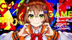 Rule 34 | 1girl, bow, bowtie, brown hair, closed mouth, collared shirt, crossed bangs, denonbu, green eyes, hair ornament, hairclip, headphones, headphones around neck, hidaka reina (denonbu), long sleeves, looking at viewer, mika pikazo, official art, one side up, red bow, red bowtie, shirt, short hair, smile, solo, white shirt, wing collar