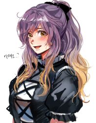 Rule 34 | 1girl, blonde hair, blush, brown eyes, commentary request, gradient hair, high ponytail, highres, hijiri byakuren, korean commentary, korean text, kuya (hey36253625), multicolored hair, open mouth, puffy short sleeves, puffy sleeves, purple hair, short sleeves, solo, touhou, two-tone hair, upper body, wavy hair, white background