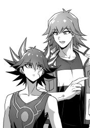 Rule 34 | 2boys, absurdres, bruno (yu-gi-oh!), facial mark, facial tattoo, facing viewer, fudo yusei, greyscale, height difference, high collar, highres, jacket, looking at another, looking up, male focus, marking on cheek, monochrome, multicolored hair, multiple boys, open clothes, open jacket, open mouth, pointing, pointing to the side, shirt, short hair, smile, spiked hair, standing, streaked hair, tank top, tattoo, v-neck, youko-shima, yu-gi-oh!, yu-gi-oh! 5d&#039;s