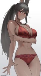 Rule 34 | 1girl, absurdres, animal ears, arm under breasts, warrior of light (ff14), bikini, black hair, blush, breasts, cleavage, closed mouth, dark-skinned female, dark skin, eyelashes, final fantasy, final fantasy xiv, gradient background, highres, jewelry, large breasts, long hair, mole, mole under mouth, necklace, ponytail, red bikini, red eyes, saturndxy, simple background, solo, swimsuit, twitter username, very long hair
