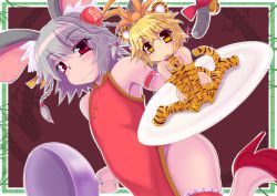 Rule 34 | 2girls, alternate costume, animal ears, animal print, bare shoulders, bell, blonde hair, braid, chinese clothes, choudenji nuko, choujigen nuko, dutch angle, female focus, grey hair, high heels, md5 mismatch, mini person, minigirl, mouse ears, mouse tail, multiple girls, nazrin, orange eyes, plate, red eyes, resolution mismatch, shoes, short hair, side ponytail, sitting, smile, source larger, sparkle, tail, thighhighs, tiger ears, tiger print, tiger tail, toramaru shou, touhou, twin braids, wariza