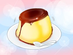 Rule 34 | blue background, commentary, food, food focus, gradient background, kkis-i, lens flare, no humans, pink background, plate, pudding, sparkle, spoon