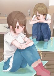 Rule 34 | 2girls, absurdres, arm on knee, blouse, blue overalls, blue pants, blue socks, blush, brown eyes, brown hair, collarbone, controller, couch, hair between eyes, highres, looking down, multiple girls, noa cell, on floor, original, overalls, pants, pee, peeing, pink socks, remote control, shirt, socks, table, translation request