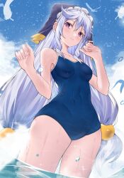 Rule 34 | 1girl, absurdres, ai-nohikari, bare arms, bare shoulders, black headwear, blue one-piece swimsuit, blue sky, blurry, blush, breasts, closed mouth, cloud, collarbone, commentary, covered navel, cowboy shot, curvy, depth of field, double-parted bangs, eris (konosuba), eyelashes, falling feathers, fingernails, from below, hair between eyes, hair bobbles, hair ornament, hands up, highres, kono subarashii sekai ni shukufuku wo!, light brown hair, light particles, lips, long hair, looking at viewer, low twintails, medium breasts, one-piece swimsuit, outdoors, partially submerged, purple eyes, sidelocks, sky, smile, solo, standing, swimsuit, thighs, twintails, very long hair, water drop, wet