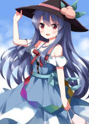 Rule 34 | 1girl, :d, alternate costume, aqua bow, aqua sash, arm up, bare shoulders, black hat, blue dress, blush, bow, collarbone, commentary, cowboy shot, dress, food, fruit, hand on headwear, hat, highres, hinanawi tenshi, holding, looking at viewer, off shoulder, open mouth, peach, peach hat ornament, red eyes, ruu (tksymkw), sash, short sleeves, smile, solo, spaghetti strap, standing, touhou