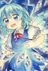 Rule 34 | 1girl, blue bow, blue dress, blue eyes, blue hair, bow, cirno, collared shirt, dress, frilled sleeves, frills, hair bow, highres, ice, ice wings, maa (forsythia1729), neck ribbon, pinafore dress, puffy short sleeves, puffy sleeves, red ribbon, ribbon, shirt, short hair, short sleeves, sleeveless, sleeveless dress, smile, solo, touhou, white shirt, wings