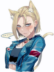 Rule 34 | angry, animal ears, blonde hair, blue eyes, blue jacket, blush, cammy white, cat ears, cat tail, collar, crop top, embarrassed, facial scar, fang, highres, jacket, kayanogura, looking at viewer, medium hair, scar, scar on cheek, scar on face, simple background, slit pupils, speech bubble, street fighter, street fighter 6, tail, wavy mouth, white background