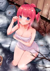 Rule 34 | 1girl, arm under breasts, bare shoulders, bare tree, black ribbon, blue eyes, blunt bangs, blush, breasts, bucket, butterfly hair ornament, cleavage, collarbone, commentary request, fence, from above, go-toubun no hanayome, hair ornament, hair ribbon, hand up, highres, knees together feet apart, large breasts, looking at viewer, multicolored nails, nail polish, nakano nino, naked towel, onsen, pink hair, ponytail, profnote, ribbon, ripples, rock, sidelocks, sitting, smile, snowing, solo, steam, towel, tree, wading, water, wet, white towel, winter, wooden bucket, wooden fence