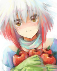 Rule 34 | 1girl, apple, food, fruit, multicolored hair, no lineart, pascal (tales), red hair, scarf, short hair, solo, tales of (series), tales of graces, tenguu rio, two-tone hair, white hair, yellow eyes
