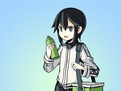 Rule 34 | 10s, 1girl, bottle, commentary, cooler, gradient background, hayasui (kancolle), jacket, kantai collection, open mouth, sidelocks, sixten, smile, solo, track jacket, upper body, water bottle