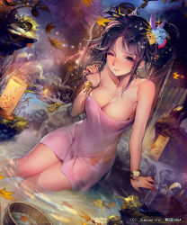 Rule 34 | 1girl, arm support, black hair, blurry, bow, bracelet, breasts, brown hair, cleavage, depth of field, dutch angle, evening, fence, floral print, hair bow, hair ornament, jewelry, large breasts, leaf, liduke, lips, looking at viewer, maple leaf, naked towel, one eye closed, onsen, outdoors, parted lips, partially submerged, purple eyes, red eyes, sengoku saga, sidelocks, smile, solo, towel, tree, two side up, wet, wooden fence