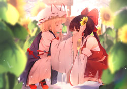 Rule 34 | 2girls, adjusting hair ornament, alternate hair length, alternate hairstyle, arm strap, ascot, backlighting, bad id, bad pixiv id, black footwear, blonde hair, blurry, blurry background, blurry foreground, bow, brown hair, cherry blossoms, closed eyes, day, depth of field, dress, flower, forest, frilled hair tubes, frilled sleeves, frills, hair bow, hair flower, hair ornament, hair ribbon, hair tubes, hakurei reimu, hand in another&#039;s hair, hand on another&#039;s arm, happy, hat, hat ribbon, high heels, light particles, mary janes, mob cap, multiple girls, nature, open mouth, outdoors, petticoat, ponytail, red bow, red eyes, red footwear, red ribbon, red shirt, red skirt, ribbon, sarashi, shangurira, shirt, shoes, short hair, short hair with long locks, signpost, skirt, sleeveless, sleeveless shirt, smile, squatting, sunflower, sunlight, tabard, touhou, tree, white dress, white sleeves, wide sleeves, yakumo yukari, yellow ascot, yin yang, yin yang print