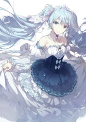Rule 34 | 1girl, bare shoulders, blue dress, blue hair, closed mouth, collarbone, commentary, dress, grey eyes, hair between eyes, hatsune miku, juliet sleeves, linfi-muu, long hair, long sleeves, puffy sleeves, skirt hold, smile, snowflakes, solo, strapless, strapless dress, tiara, twintails, very long hair, vocaloid, white background, yuki miku