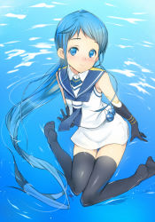 Rule 34 | 10s, 1girl, ass, bad id, bad pixiv id, blue eyes, blue hair, blush, coin rand, dress, elbow gloves, feet, gloves, highres, kantai collection, long hair, looking at viewer, matching hair/eyes, partially submerged, personification, sailor dress, samidare (kancolle), school uniform, serafuku, skirt, sleeveless, smile, solo, thighhighs, very long hair, water