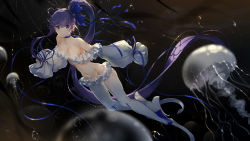 Rule 34 | 1girl, ahoge, air bubble, baisi shaonian, bare shoulders, bikini, black background, blue choker, blue eyes, blue ribbon, blush, bubble, choker, closed mouth, collarbone, detached sleeves, fate/grand order, fate (series), frilled bikini, frills, full body, hair ribbon, high ponytail, highres, jellyfish, long hair, long sleeves, looking at viewer, lowleg, lowleg bikini, meltryllis, meltryllis (fate), meltryllis (swimsuit lancer) (fate), meltryllis (swimsuit lancer) (third ascension) (fate), navel, prosthesis, prosthetic leg, puffy long sleeves, puffy sleeves, purple hair, ribbon, simple background, sleeves past fingers, sleeves past wrists, smile, solo, stomach, swimsuit, underwater, very long hair, white bikini