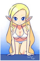 Rule 34 | 1girl, arm support, bikini, blonde hair, blue background, blue eyes, blush, breasts, cleavage, collarbone, drantyno, gradient background, large breasts, long hair, looking at viewer, nintendo, pointy ears, princess zelda, smile, solo, standing, swimsuit, the legend of zelda, wet, white bikini