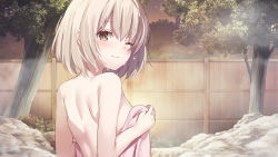 Rule 34 | 1girl, ;), artist request, artwhirl mahou gakuen no otome-tachi, bare shoulders, brown eyes, closed mouth, coco (artwhirl), game cg, hair between eyes, holding, holding towel, kawauchi (kaz7ry), looking at viewer, nude, one eye closed, onsen, outdoors, short hair, shoulder blades, silver hair, smile, solo, towel, upper body, wet, wet hair