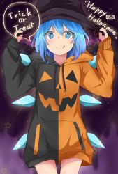Rule 34 | 1girl, :q, alternate costume, arms up, blue eyes, blue hair, bright pupils, cirno, commentary request, cowboy shot, drawstring, gradient background, hair between eyes, halloween, hands on headwear, happy halloween, hat, highres, hood, hood down, hoodie, jack-o&#039;-lantern print, looking at viewer, mizune (winter), no pants, purple background, short hair, sleeves past wrists, solo, sparkle, speech bubble, standing, star (symbol), tongue, tongue out, touhou, trick or treat, two-tone hoodie, white pupils, wings, witch hat