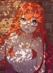 Rule 34 | 1girl, ahoge, bare shoulders, blue eyes, breasts, brick wall, collarbone, dress, glasses, go-toubun no hanayome, hair ornament, hands up, highres, irarei (araisanblog), large breasts, long hair, looking at viewer, nakano itsuki, open mouth, rectangular eyewear, red-framed eyewear, red hair, shadow, solo, star (symbol), star hair ornament, strapless, strapless dress, upper body, white dress