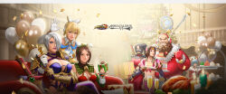 Rule 34 | 1boy, 6+girls, antlers, armor, balloon, black hair, bodysuit, breasts, cake, cassandra alexandra, celebration, chang koehan, chicken (food), christmas, christmas ornaments, christmas tree, couch, crossover, dress, fighting game, food, fur-trimmed dress, fur trim, gauntlets, gift, glaive (polearm), gloves, happy new year, highres, horns, isabella valentine, large breasts, leona heidern, merry christmas, multiple girls, namco, new year, ninja, official art, pastry, polearm, purple lips, red bodysuit, red gloves, reindeer antlers, revealing clothes, sack, santa costume, santa gloves, seong mi-na, short hair, short sword, shoulder armor, single gauntlet, skin tight, snk, soul calibur, soulcalibur, soulcalibur vi, sword, taki (soulcalibur), the king of fighters, the king of fighters all-stars, weapon, whip, whip (kof), whip sword, white hair