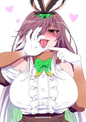 Rule 34 | 1girl, alternate breast size, animal ears, arm up, bare shoulders, blouse, blush, bow, bowtie, breasts, brown eyes, brown hair, center frills, clothing cutout, cunnilingus gesture, elbow gloves, european hare (kemono friends), extra ears, eyelashes, fellatio gesture, frills, fur collar, furrowed brow, gloves, hair over one eye, hairband, half-closed eye, hand up, heart, highres, huge breasts, kemono friends, long bangs, long hair, looking at viewer, mamiyama, multicolored hair, naughty face, open mouth, oral invitation, pointing, rabbit ears, sexually suggestive, shirt, short sleeves, shoulder cutout, sidelocks, simple background, smile, solo, tongue, tongue out, upper body, very long hair, white background, white hair