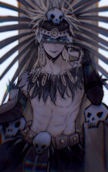 Rule 34 | 1boy, abs, absurdres, arm tattoo, aztec, black gloves, black lips, black nails, blonde hair, blue eyes, braid, facepaint, fate/grand order, fate (series), gloves, gold necklace, hair ornament, headdress, highres, jewelry, long hair, looking at viewer, male focus, mroaridnryed alter, necklace, simple background, sitting, skull, skull hair ornament, smile, solo, tattoo, tezcatlipoca (fate), tezcatlipoca (third ascension) (fate), throne, traditional clothes, twin braids, upper body, white background