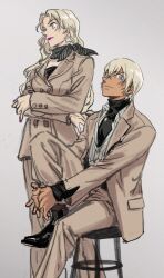 Rule 34 | 1boy, 1girl, amuro tooru, blonde hair, blue eyes, crossed arms, formal, grey background, highres, holding own leg, jewelry, long hair, looking ahead, looking to the side, masso, meitantei conan, neckerchief, necklace, profile, purple lips, purple nails, shirt, short hair, simple background, sitting, smile, striped clothes, striped shirt, suit, turtleneck, vermouth (meitantei conan), vertical-striped clothes, vertical-striped shirt