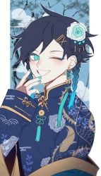 Rule 34 | 1boy, 929 ug, androgynous, black hair, blue eyeshadow, blue flower, blue hair, blue nails, blush, braid, bridal gauntlets, chinese clothes, commentary request, dragon print, earrings, eyeshadow, floral print, flower, genshin impact, gradient hair, green eyes, hair flower, hair ornament, highres, jewelry, korean commentary, light particles, long sleeves, looking at viewer, makeup, male focus, multicolored hair, nail polish, one eye closed, open mouth, short hair with long locks, sidelocks, smile, solo, tassel, tassel earrings, tree, twin braids, venti (genshin impact), white flower