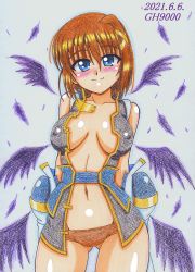 Rule 34 | 1girl, absurdres, artist name, blue background, blue eyes, blush, breasts, breasts apart, brown hair, brown panties, closed mouth, collarbone, covered erect nipples, dated, gh9000, hair ornament, highres, looking at viewer, lyrical nanoha, mahou shoujo lyrical nanoha strikers, medium breasts, navel, panties, short hair, simple background, smile, solo, underwear, x hair ornament, yagami hayate