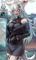 Rule 34 | 1girl, :d, absurdres, ahoge, animal ear fluff, animal ear piercing, animal ears, antenna hair, arknights, artist name, bare shoulders, belt, belt buckle, belt collar, black belt, black choker, black dress, black jacket, blurry, blurry background, breasts, buckle, character name, chest belt, choker, collarbone, commentary, covered navel, cowboy shot, crotch outline, dress, ear piercing, ehrrr, english commentary, grey eyes, grey hair, groin outline, hair between eyes, hair ornament, hairclip, hands in pockets, highres, jacket, jewelry, lappland (arknights), leather, leather jacket, long hair, long sleeves, looking at viewer, material growth, medium breasts, navel, necklace, off shoulder, open mouth, oripathy lesion (arknights), partially unzipped, piercing, pocket, reflective clothes, scar, scar across eye, scar on face, sharp teeth, skin tight, smile, solo, standing, tail, teeth, thighs, twitter username, unzipped, wolf ears, wolf girl, wolf tail, zipper, zipper dress, zipper pull tab