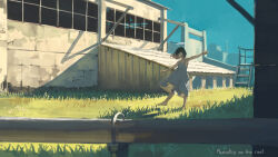 Rule 34 | 1girl, barefoot, black hair, blue sky, building, dress, english text, faceless, faceless female, film grain, grass, halo, highres, original, others (gogo-o), outstretched arms, rooftop, scenery, short hair, sky, spread arms, stairs, sundress, sunlight, walking, white dress