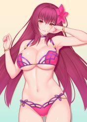 Rule 34 | 1girl, bikini, bracelet, breasts, choker, fate/grand order, fate (series), flower, gradient background, hair flower, hair intakes, hair ornament, hibiscus, jewelry, large breasts, lintanghaseo, lipstick, looking at viewer, makeup, nail polish, navel, pink bikini, purple bikini, purple hair, red eyes, scathach (fate), scathach (fate/grand order), scathach (swimsuit assassin) (fate), smile, solo, swimsuit