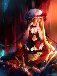 Rule 34 | 1girl, ascot, blonde hair, bow, child&#039;s drawing, chong (wjzcy6688), collar, covering own eyes, crying, curtains, dark, flandre scarlet, frilled collar, frilled shirt collar, frills, hair over eyes, hat, hat bow, indoors, light, light particles, long hair, long skirt, mob cap, red skirt, red vest, short sleeves, side ponytail, sitting, sketch, skirt, solo, streaming tears, stuffed animal, stuffed rabbit, stuffed toy, tears, touhou, very long hair, vest, wings